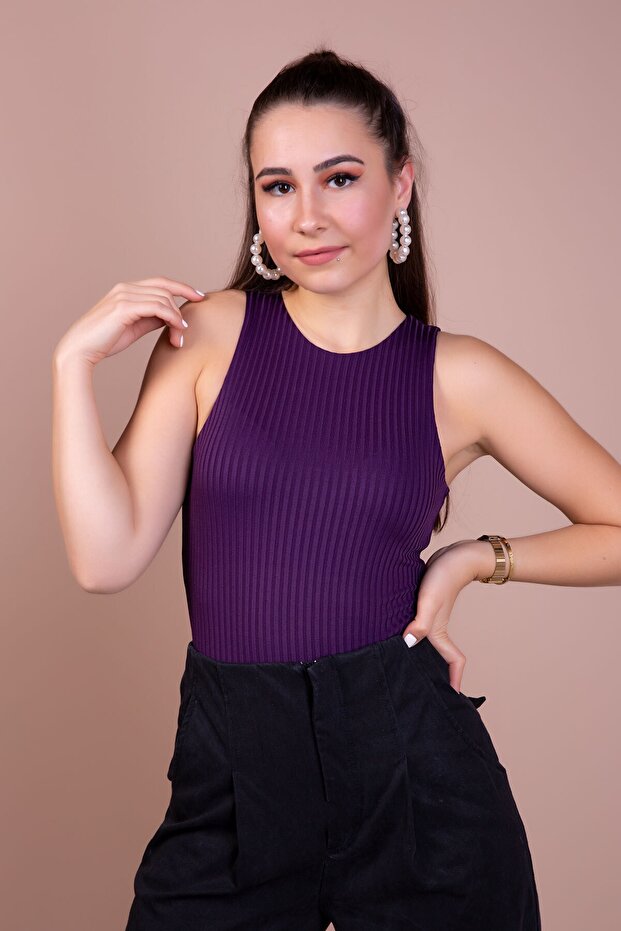 Kadın Mürdüm Çıtçıtlı Örme Body - 2