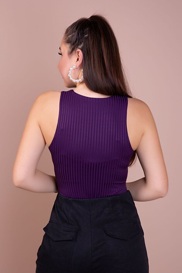 Kadın Mürdüm Çıtçıtlı Örme Body - 4