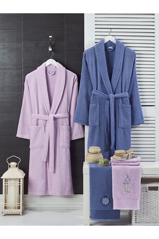Şilay Lilac Navy Blue Toweled Bathrobe Set of 4