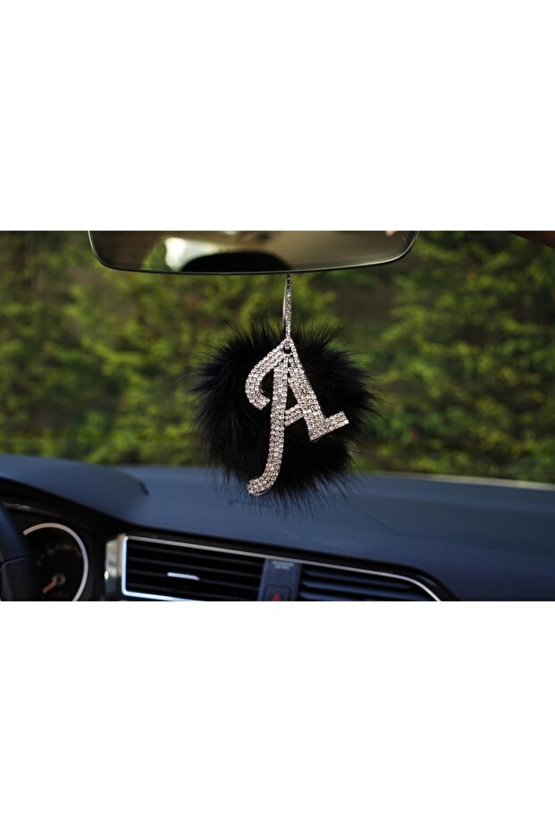 Black Silver Stoned - Rearview Mirror Necklace, Feathered Letter a