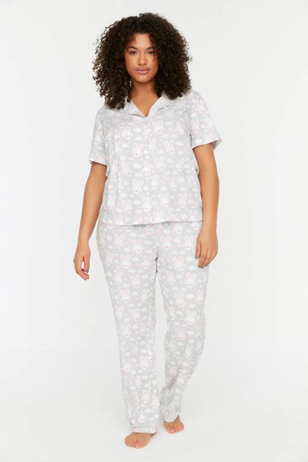 Szary komplet piżam z dzianiny zapinanej na guziki TBBSS22PT0710 - 3