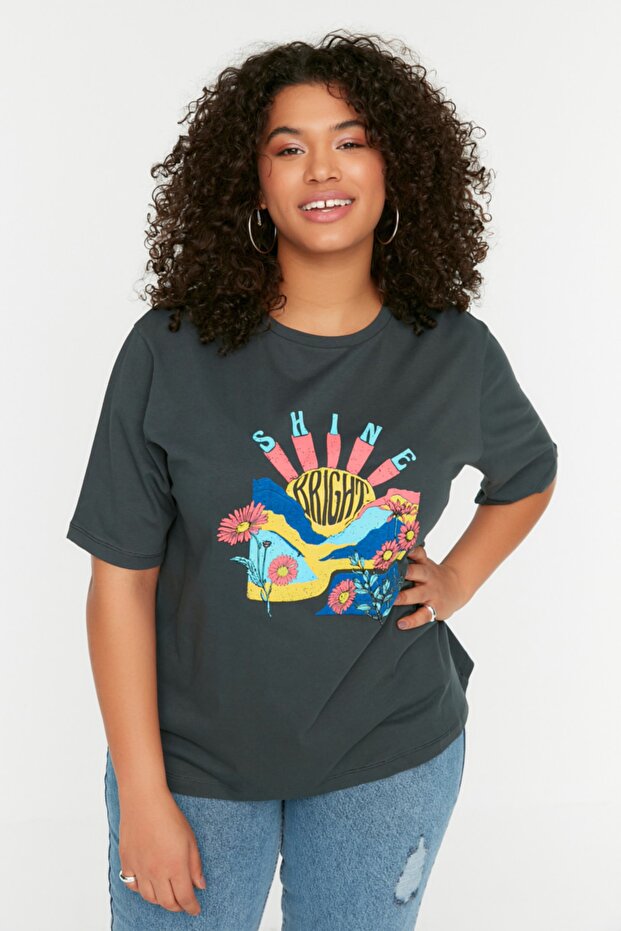 Nyakú nyomott 100% pamut antracit Boyfriend Fit nagy méretű póló - TBBSS22TS1944 - 1