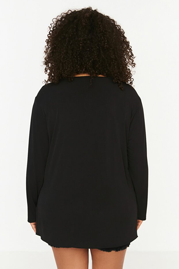 Siyah Boyfriend V Yaka Yırtmaçlı Örme Bluz TBBSS22BZ1080 - 5