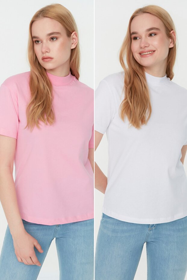 Pembe-Beyaz 2'li Paket %100 Pamuk Basic Dik Yaka Örme T-Shirt TWOSS20TS1500 - 7
