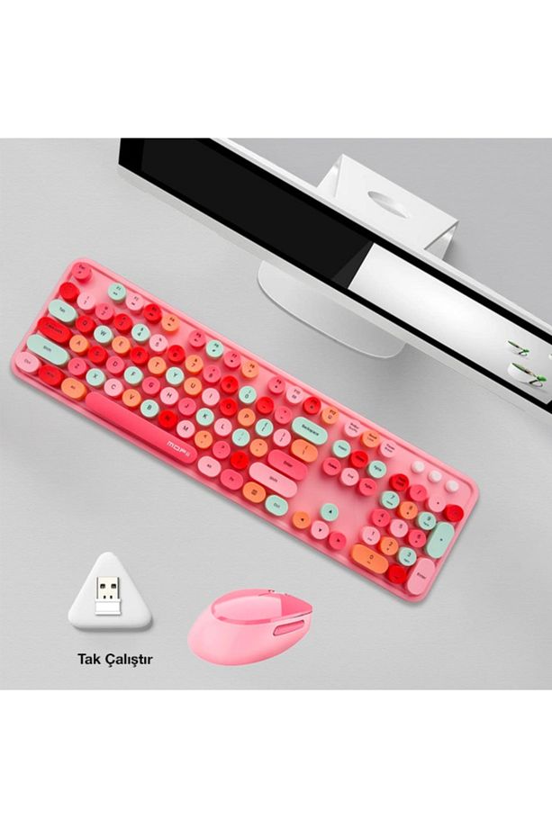 Ally Mofi Sweet 2.4g Retro Kablosuz Q Klavye Oyuncu Klavye Ve Mouse Seti Pembe - 6