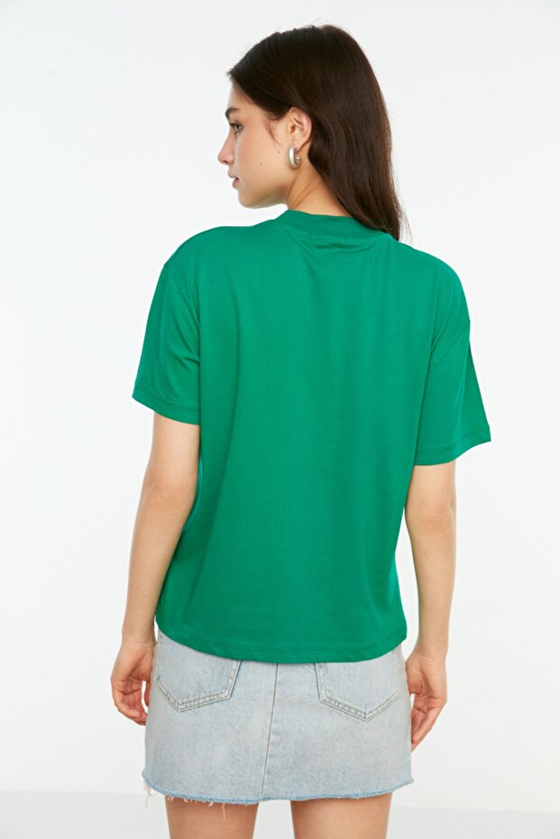Yeşil %100 Pamuk Basic Regular/Normal Kalıp Dik Yaka Örme T-Shirt TWOAW20TS0096 - 9