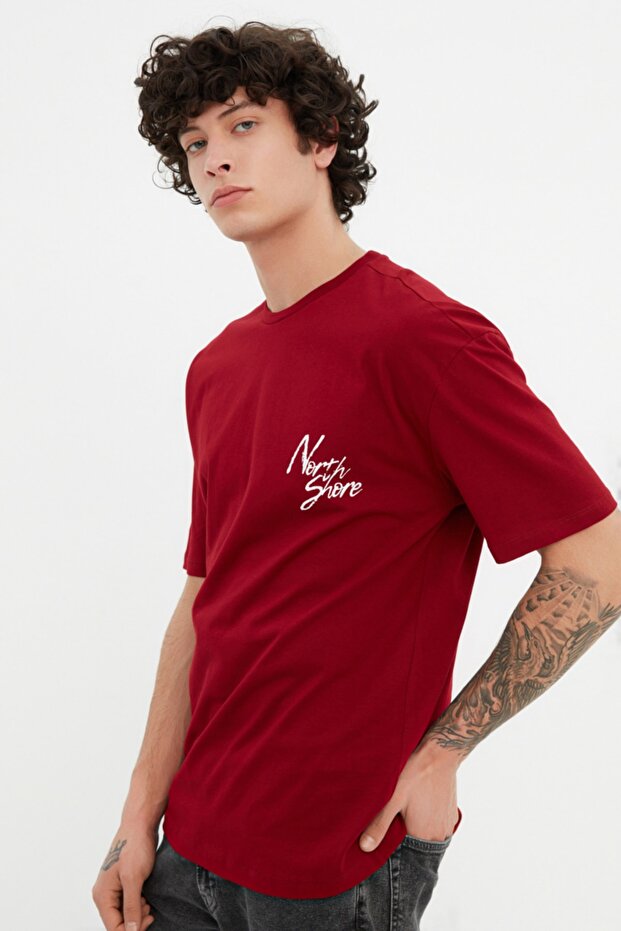 Bordo Oversize/Geniş Kesim Yazı Baskılı %100 Pamuklu T-Shirt TMNSS20TS1099 - 3