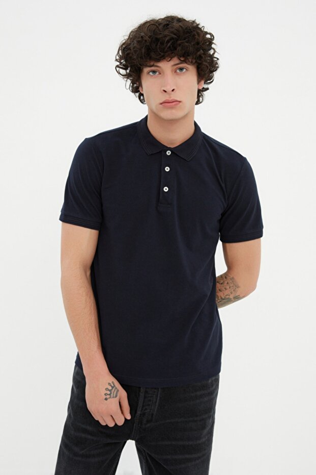 Lacivert Slim/Dar Kesim Polo Yaka Kısa Kollu %100 Pamuk Polo Yaka T-shirt TMNSS20PO0009 - 5