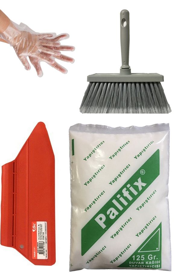 4'lü Süper Set Duvar Kağıdı Uygulama Seti Yapıştırıcısı /125 Gram Tutkal/spatula/fırça/eldiven - 1