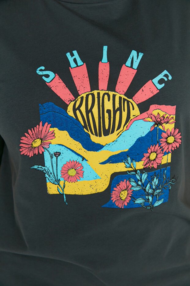 Nyakú nyomott 100% pamut antracit Boyfriend Fit nagy méretű póló - TBBSS22TS1944 - 3