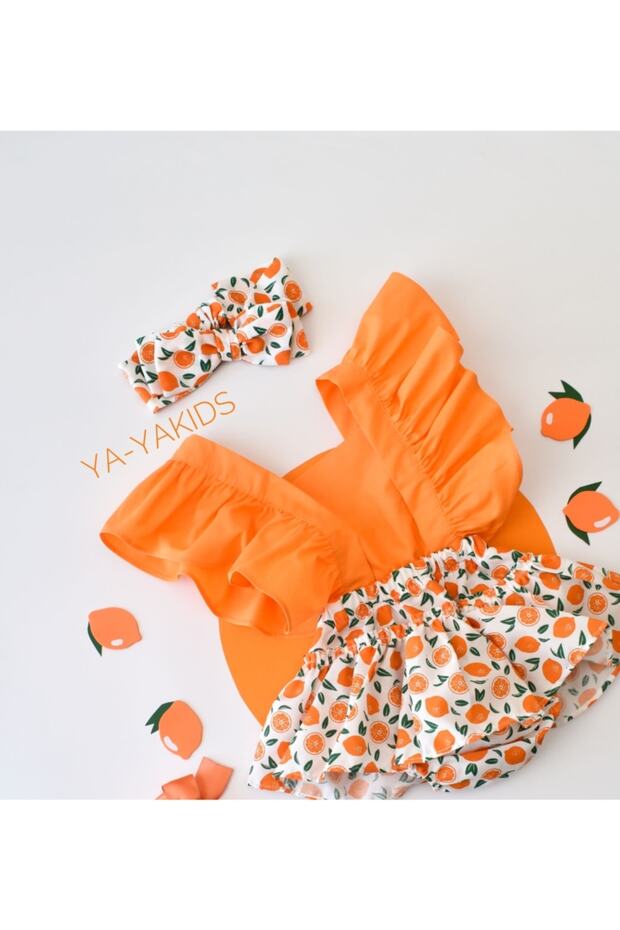 Baby Girl Orange Pattern Poplin Ruffle Salopet Bandana Set
