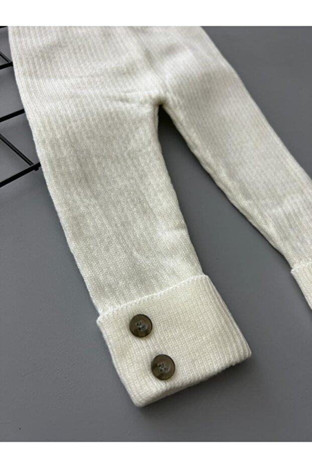Ekru Renk Yüksek Bel Düğme Detaylı Unisex Triko Fitilli Esnek Tayt - 3 Ay Ile 6 Yaş Arası - 2