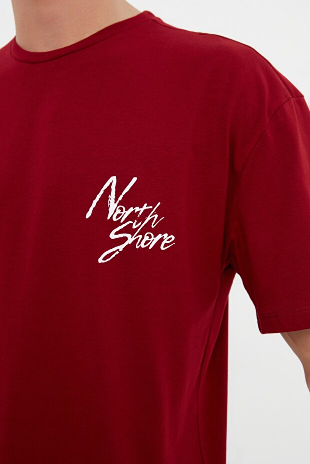 Bordo Oversize/Geniş Kesim Yazı Baskılı %100 Pamuklu T-Shirt TMNSS20TS1099 - 5