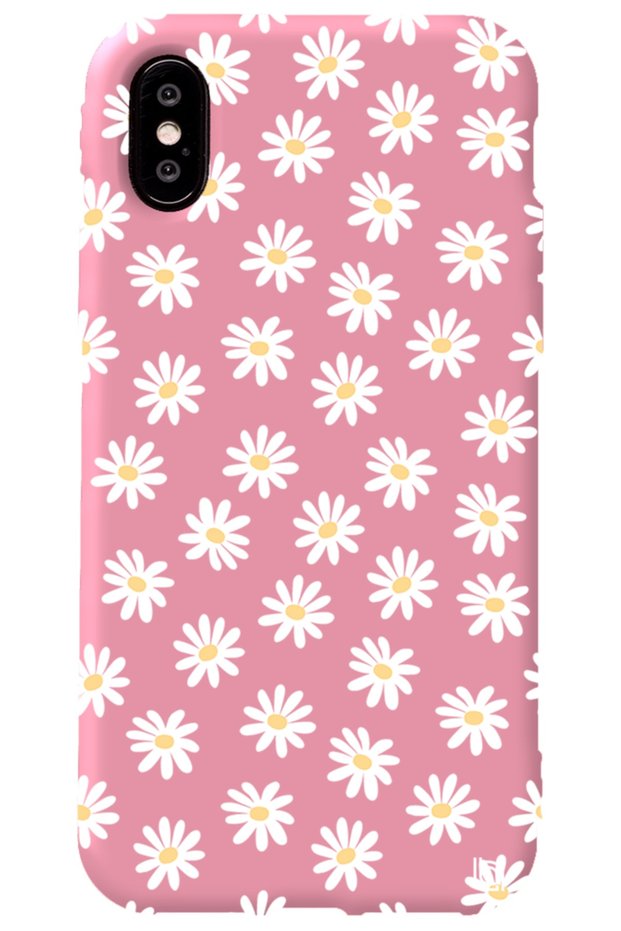iPhone XS Compatible Pink Color Premium Velvet Daisy Patterned Silicone Phone Case