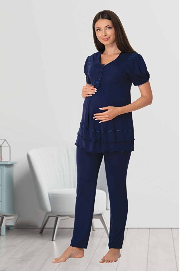 Women's Maternity Maternity Navy Blue Pajama Set 8022