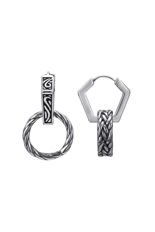 Large Antique Weave Design Snap-on Hexagon Tribal Men's 316l Steel Earrings (pair) with Hoop Accessories?