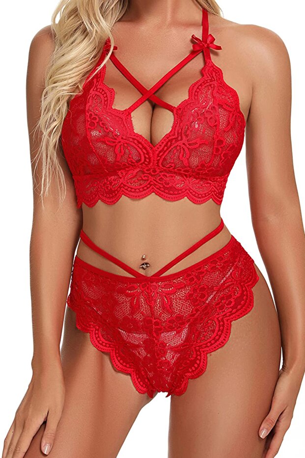 Kadın Kırmızı Çapraz İp Detaylı Sütyen Takım - 1