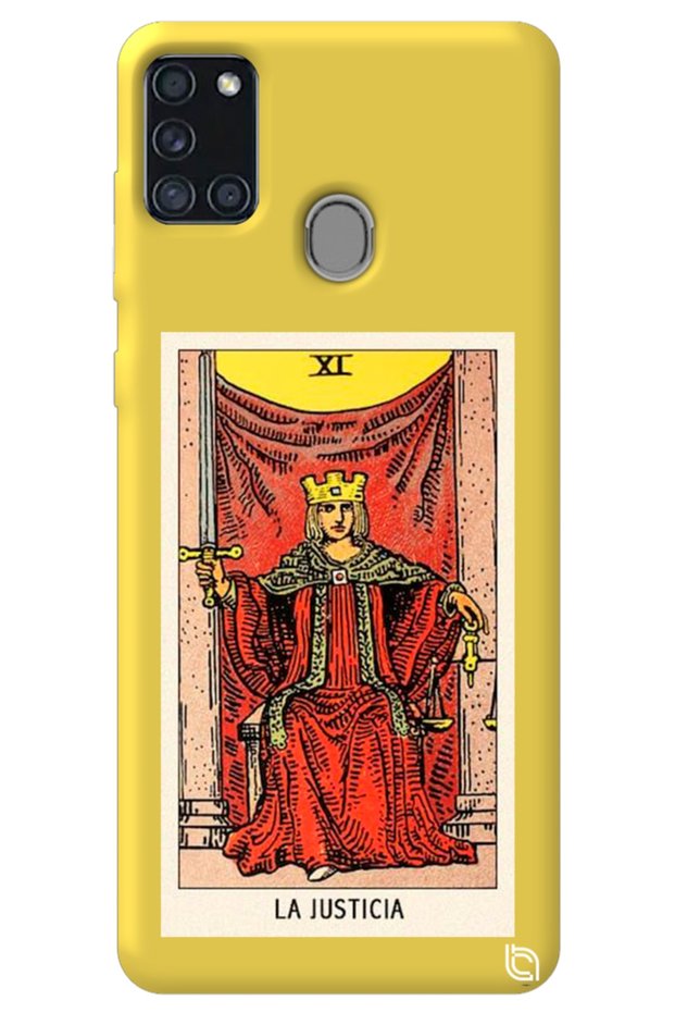 Samsung A21S Yellow Color Premium Velvet Inside Tarot Justice Patterned Silicone Phone Case