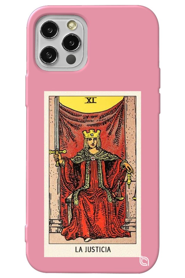 iPhone 13 Pro Pink Color Premium Velvet Inside Tarot Justice Patterned Silicone Phone Case