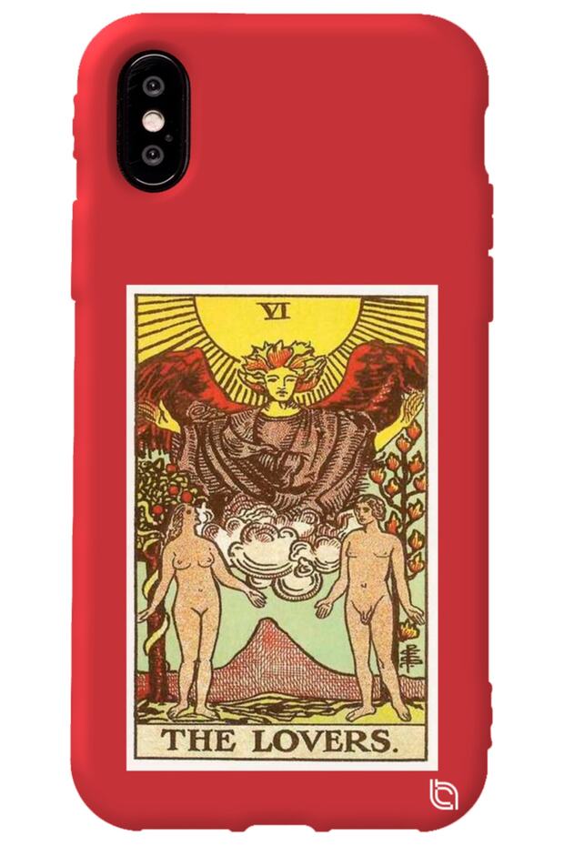 iPhone XS Red Premium Velvet Inside Tarot Lovers Patterned Silicone Phone Case