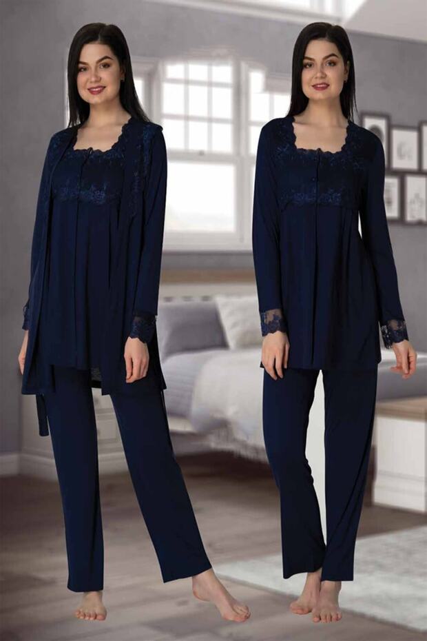 Navy Blue Maternity Pajamas Set with Lace Detail