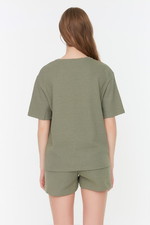 Haki Waffle Kumaş Şortlu Örme Pijama Takımı THMSS22PT0524 - 5
