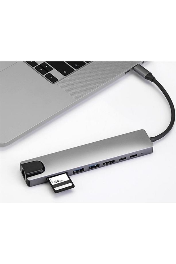 4681 Type C To Hdmi Usb 3.0 Sd Microsd 8in1 Kart Rj45 Ethernet Çevirici Dönüştürücü Adaptör - 4