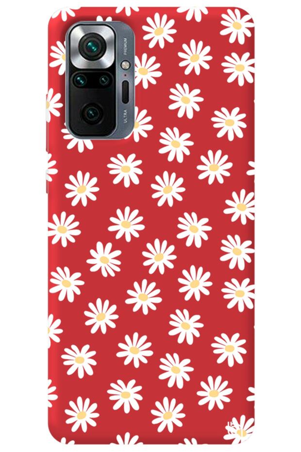 Xiaomi Redmi Note 10 Pro Red Color Premium Velvet Daisy Patterned Silicone Phone Case