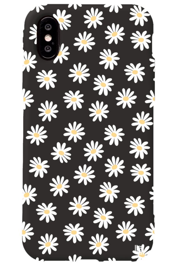 iPhone XS Compatible Black Color Premium Velvet Daisy Patterned Silicone Phone Case