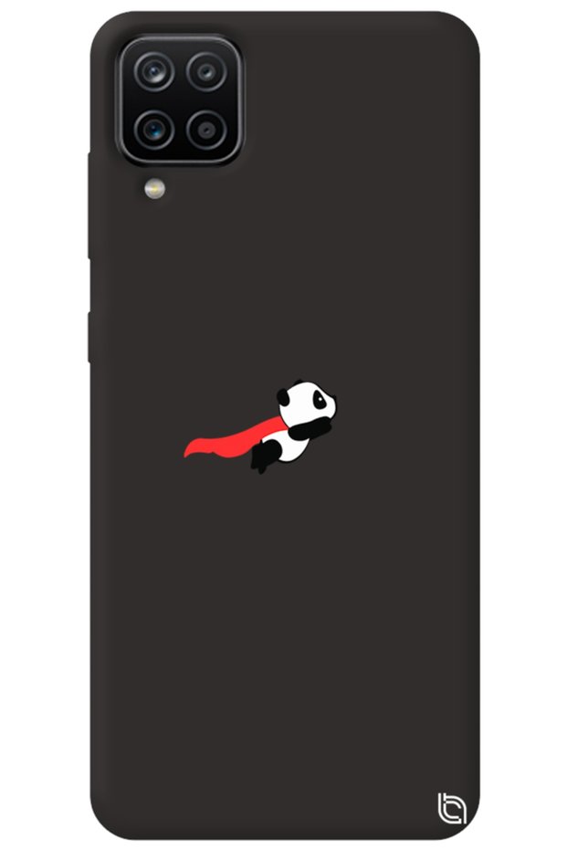 Samsung Galaxy A12 Black Color Premium Velvet Panda Patterned Silicone Phone Case