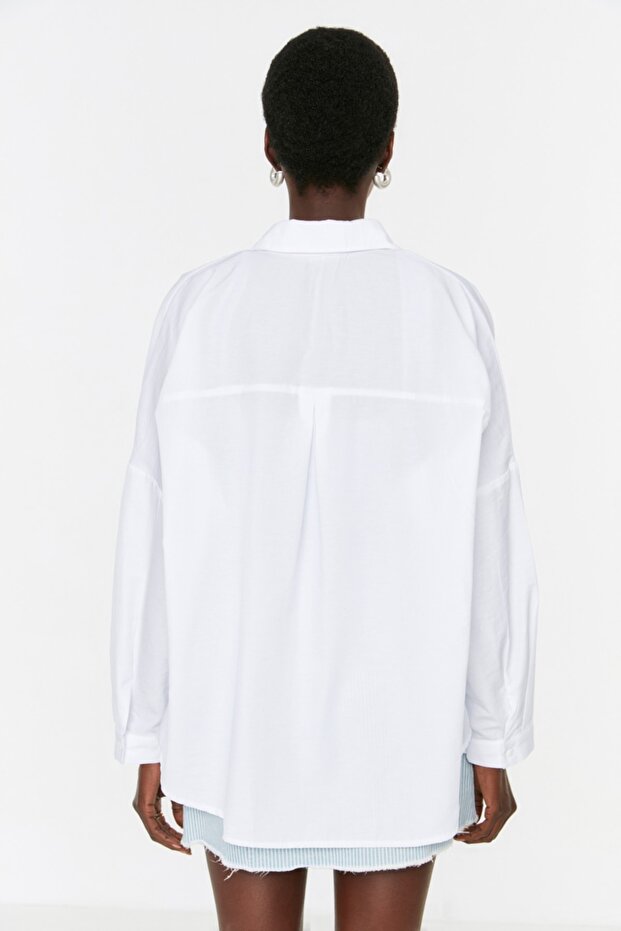 Ekru Pamuklu Oversize Geniş Kalıp Dokuma Gömlek TWOSS22GO0669 - 5