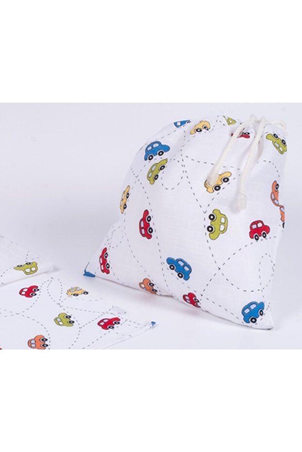 3 Pieces Baby Care Bag and Hospital Exit 100% Cotton Muslin Fabric Drawstring Pouch with Car Pattern