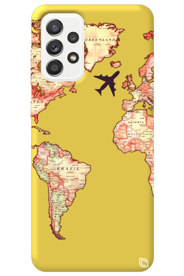 Samsung Galaxy A72 Yellow Color Premium Velvet Inside World Map Patterned Silicone Phone Case