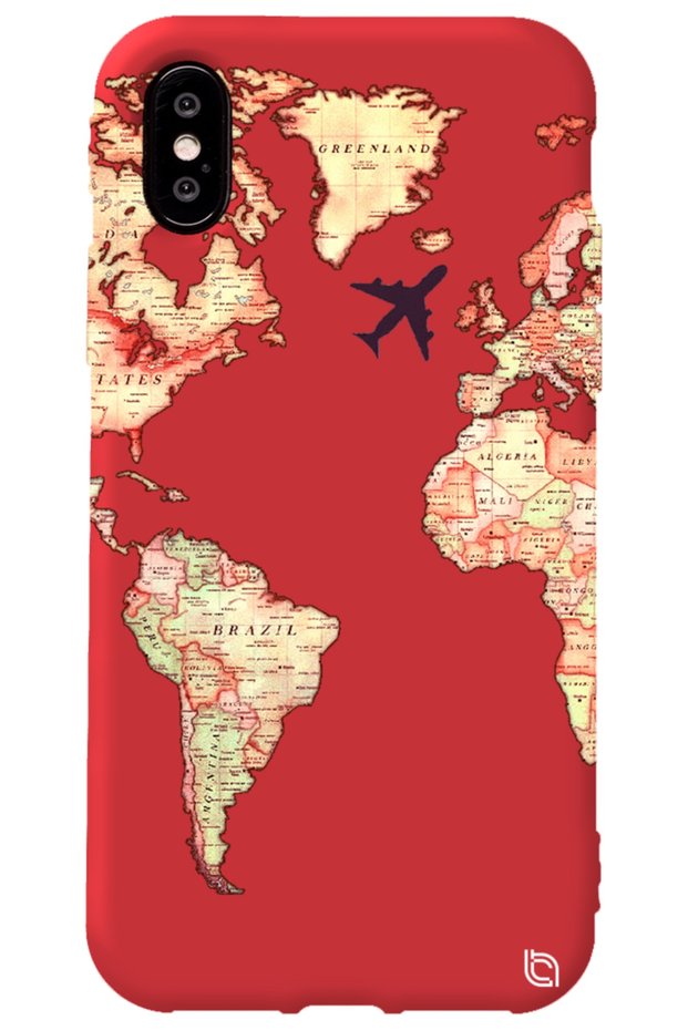 Iphone Xs Compatible Red Color Premium Silicone Phone Case with Velvet World Map Pattern Inside