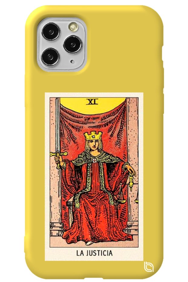 iPhone 11 Pro Max Yellow Color Premium Velvet Inside Tarot Justice Patterned Silicone Phone Case