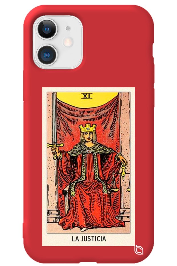 iPhone 11 Red Color Premium Velvet Inside Tarot Justice Patterned Silicone Phone Case
