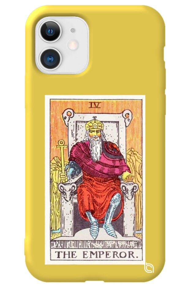 iPhone 12 Yellow Premium Velvet Inside Tarot Emperor Patterned Silicone Phone Case