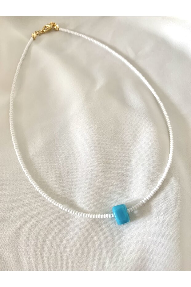 White Necklace with Blue Glass Beads