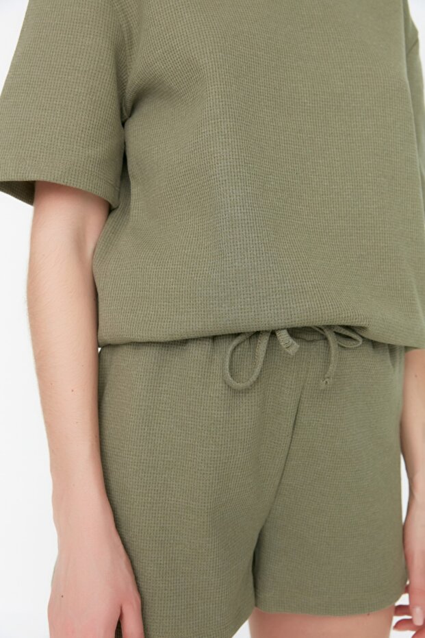 Haki Waffle Kumaş Şortlu Örme Pijama Takımı THMSS22PT0524 - 4