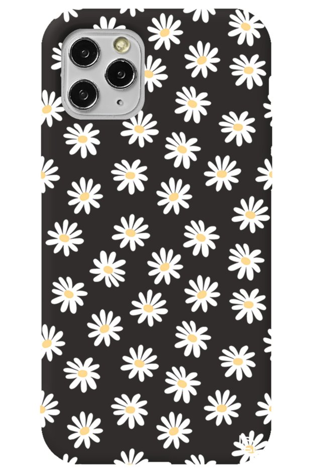 iPhone 11 Pro Max Black Color Premium Velvet Daisy Patterned Silicone Phone Case