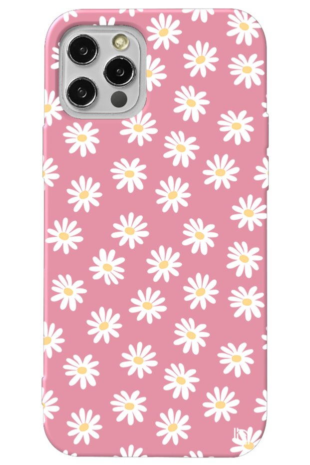 iPhone 12 Pro Max Pink Color Premium Velvet Daisy Patterned Silicone Phone Case