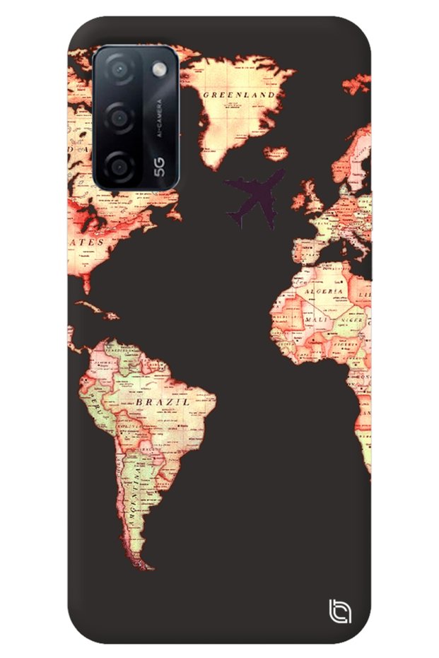 Oppo A52 Black Color Premium Velvet Inside World Map Patterned Silicone Phone Case Compatible