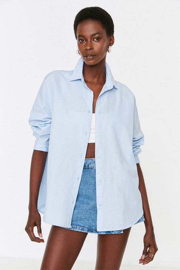 Açık Mavi Pamuklu Oversize Geniş Kalıp Dokuma Gömlek TWOSS22GO0669 - 1