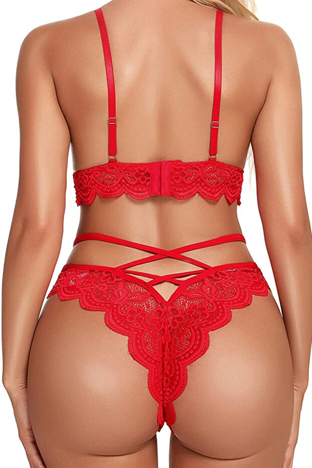 Kadın Kırmızı Çapraz İp Detaylı Sütyen Takım - 3