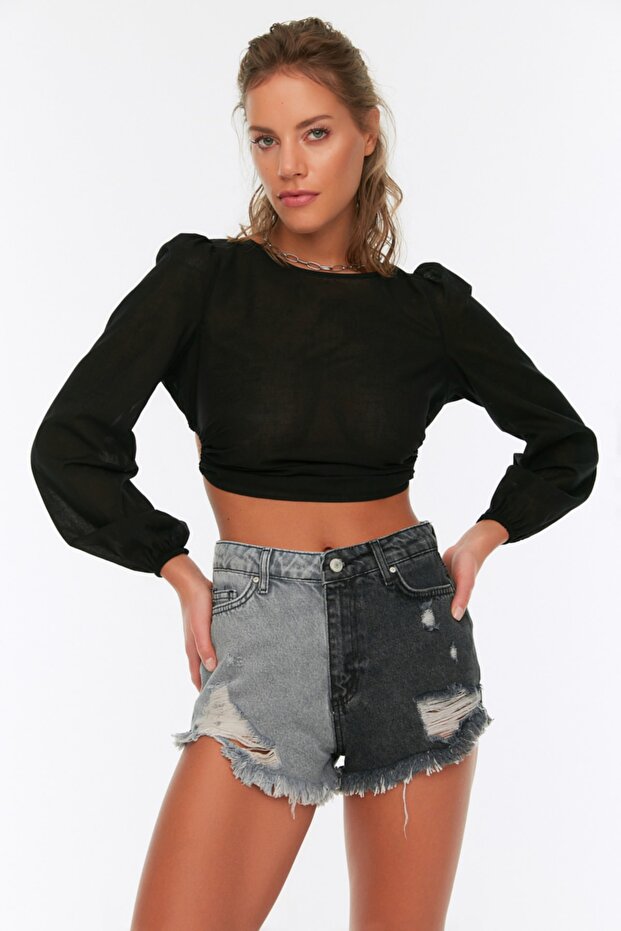Renk Bloklu Denim Yırtık Plaj Mini Yüksek Bel Şort & Bermuda TBESS22SR0391 - 1