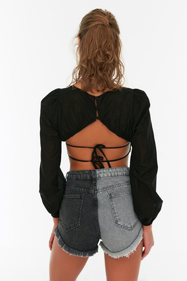 Renk Bloklu Denim Yırtık Plaj Mini Yüksek Bel Şort & Bermuda TBESS22SR0391 - 3
