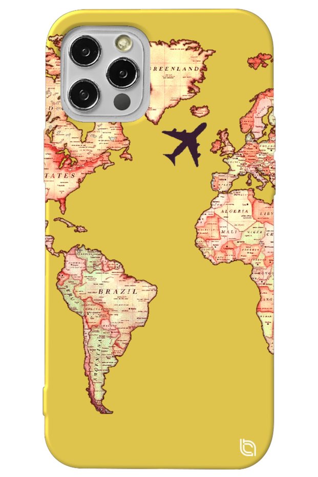 iPhone 13 Pro Compatible Yellow Color Premium Velvet World Map Patterned Silicone Phone Case