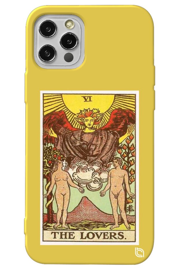 iPhone 13 Pro Yellow Premium Velvet Inside Tarot Lovers Patterned Silicone Phone Case