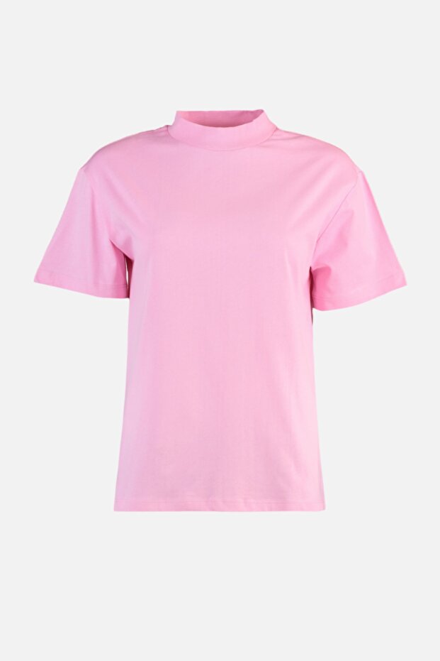 Pembe-Beyaz 2'li Paket %100 Pamuk Basic Dik Yaka Örme T-Shirt TWOSS20TS1500 - 8