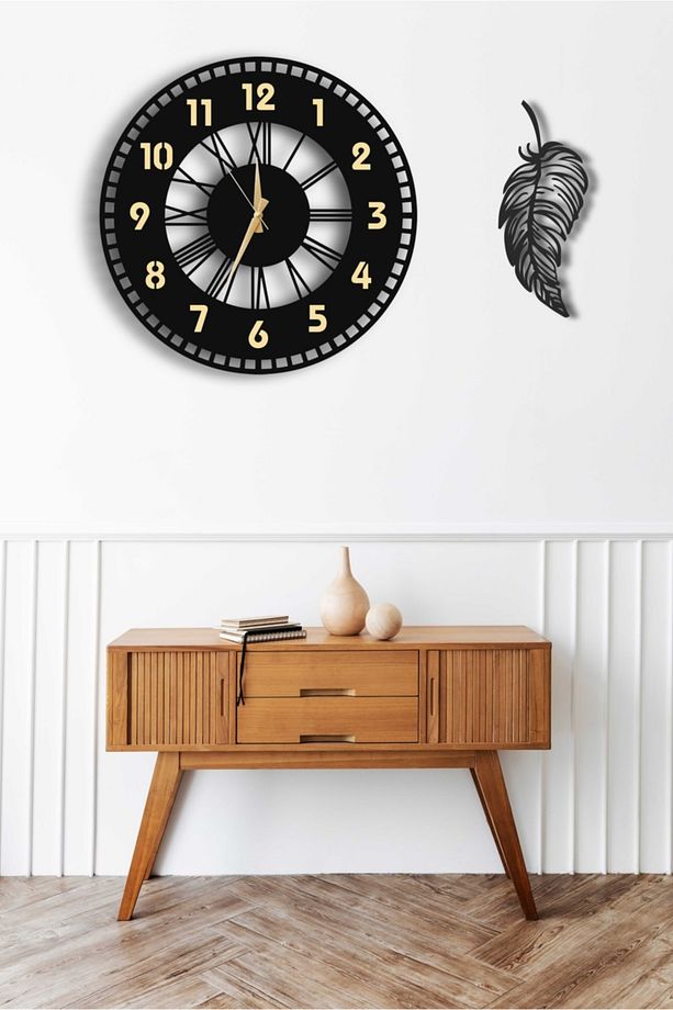 Dekoratif Aynalı Duvar Saati 50x50cm + Yaprak Tablo - 3